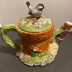 Russ Berrie Blue Floral Hand Painted Teapot Bird Lid Nature Flower ceramic 7”